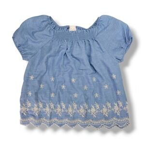 Heart And Arrow Girls Eyelet Floral Embroidered Puff Sleeve Top Blue‎ 14